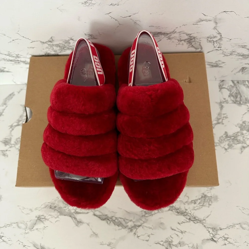 UGG Fluff Yeah Ruby Red Slide Slippers Shoes - Picture 5 of 9